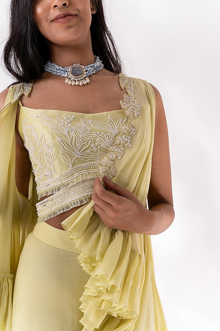 Lime Green Chanderi & Georgette Ruffled Cape Set by Piri India at Pernia's Pop Up Shop