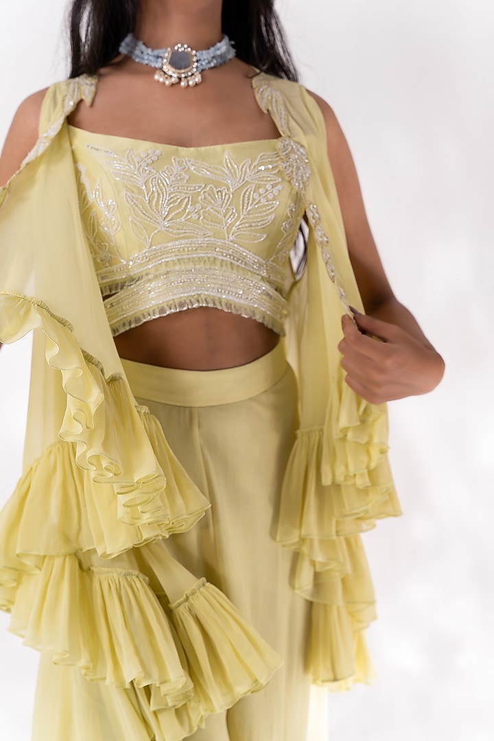 Lime Green Chanderi & Georgette Ruffled Cape Set by Piri India at Pernia's Pop Up Shop