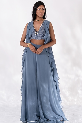 Stone Blue Chanderi & Georgette Ruffled Cape Set by Piri India