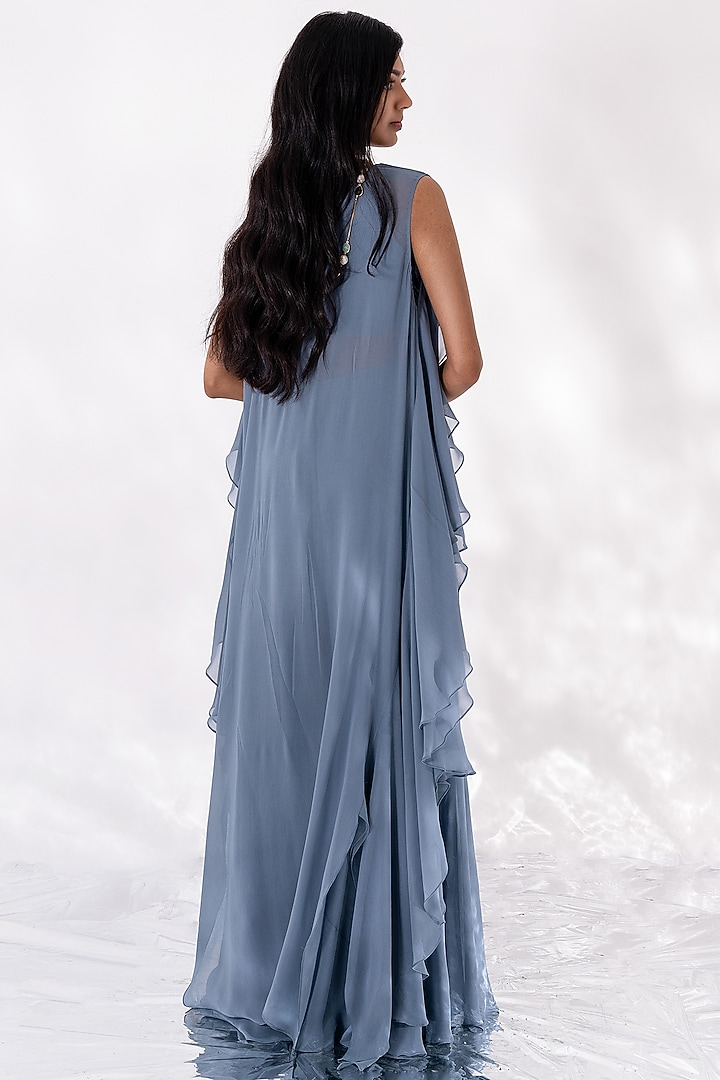 Stone Blue Chanderi & Georgette Ruffled Cape Set by Piri India at Pernia's Pop Up Shop