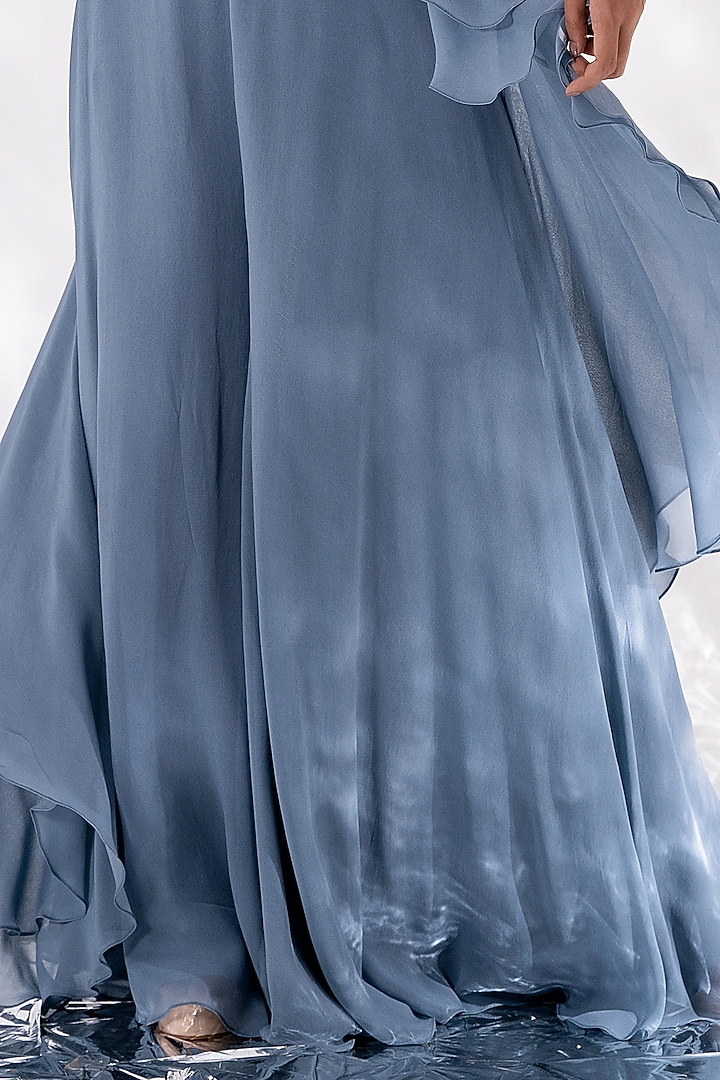 Stone Blue Chanderi & Georgette Ruffled Cape Set by Piri India at Pernia's Pop Up Shop