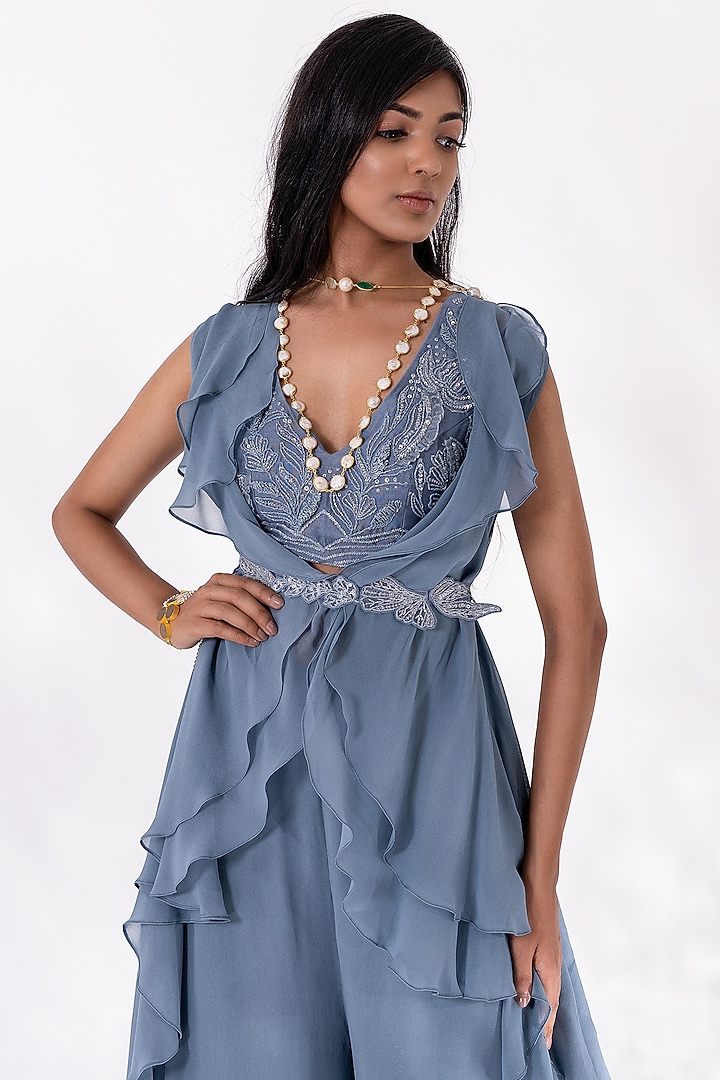 Stone Blue Chanderi & Georgette Ruffled Cape Set by Piri India at Pernia's Pop Up Shop