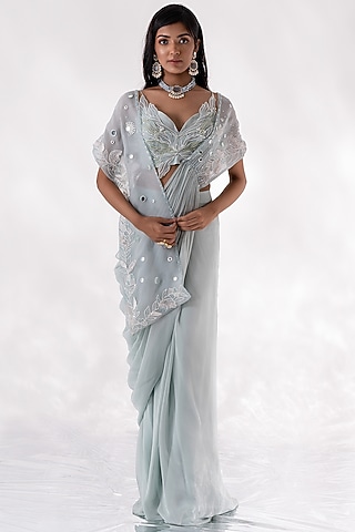 Glacier Blue Organza & Georgette Pre-Draped Saree Set by Piri India
