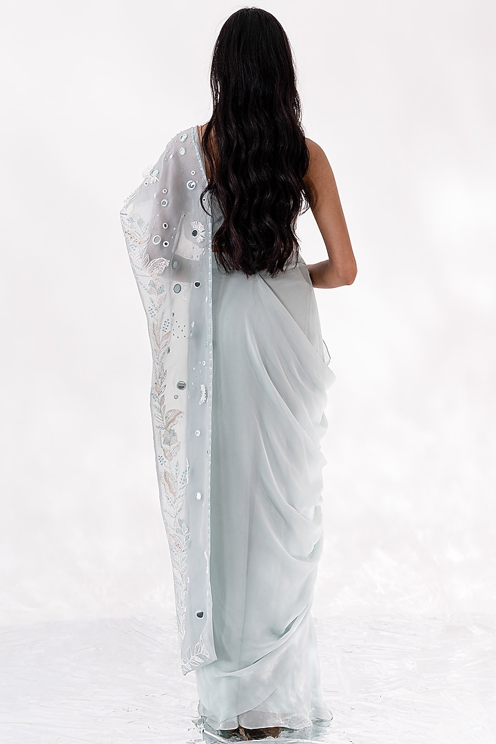 Glacier Blue Organza & Georgette Pre-Draped Wedding Saree Set by Piri India at Pernia's Pop Up Shop