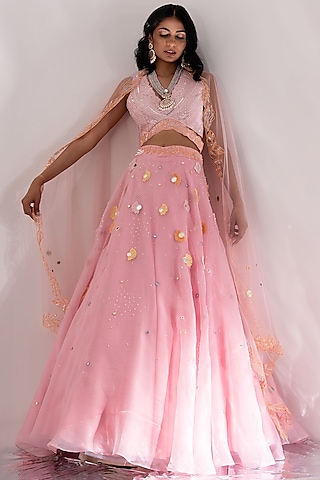 Blush Pink Organza & Tulle Lehenga Set by Piri India