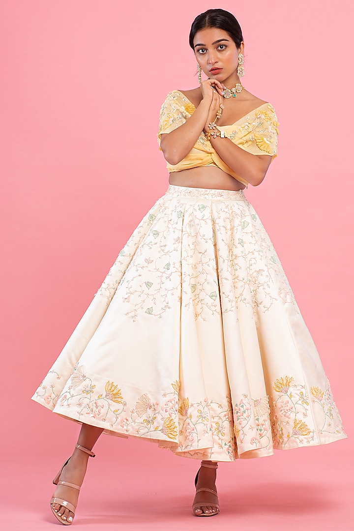 Pastel Yellow & Off-White Embroidered Skirt Set by Piri India