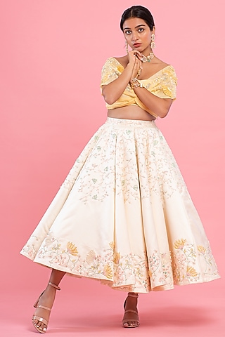 Pastel Yellow & Off-White Embroidered Skirt Set by Piri India