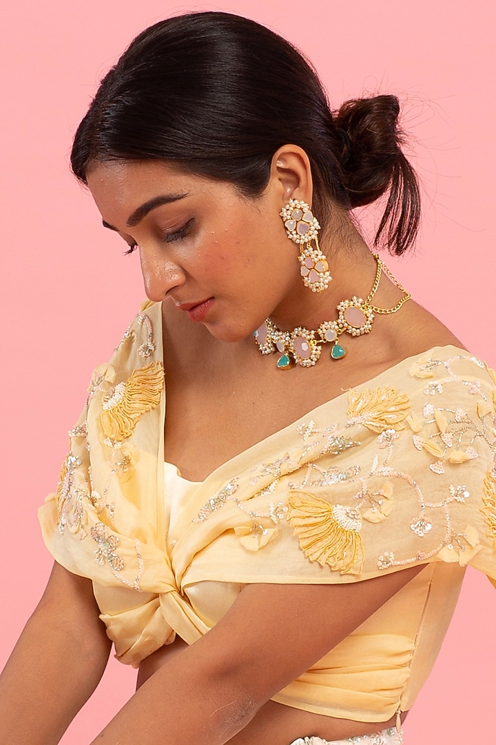 Pastel Yellow & Off-White Embroidered Skirt Set by Piri India at Pernia's Pop Up Shop
