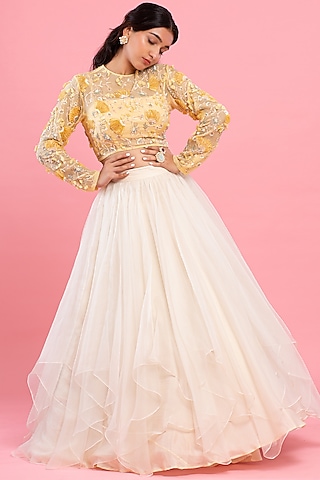 Ivory Asymmetrical Layered Lehenga Set by Piri India