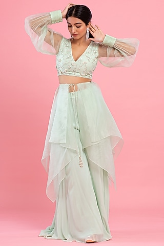 Mint Green Georgette Palazzo Pant Set by Piri India