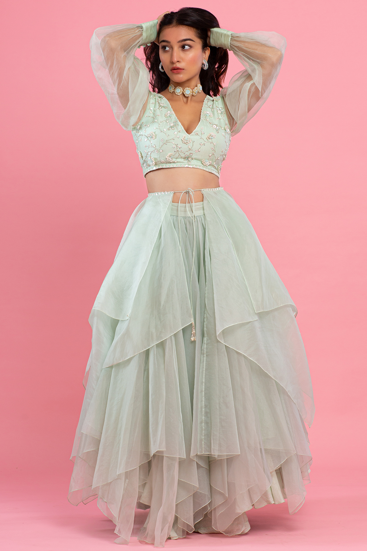 Mint Green Layered Lehenga Set by piri india-MORE FROM Piri India