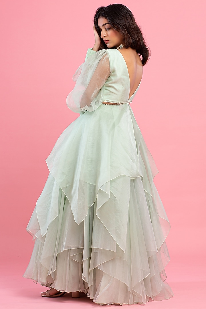 Mint Green Organza Layered Wedding Lehenga Set by Piri India at Pernia's Pop Up Shop