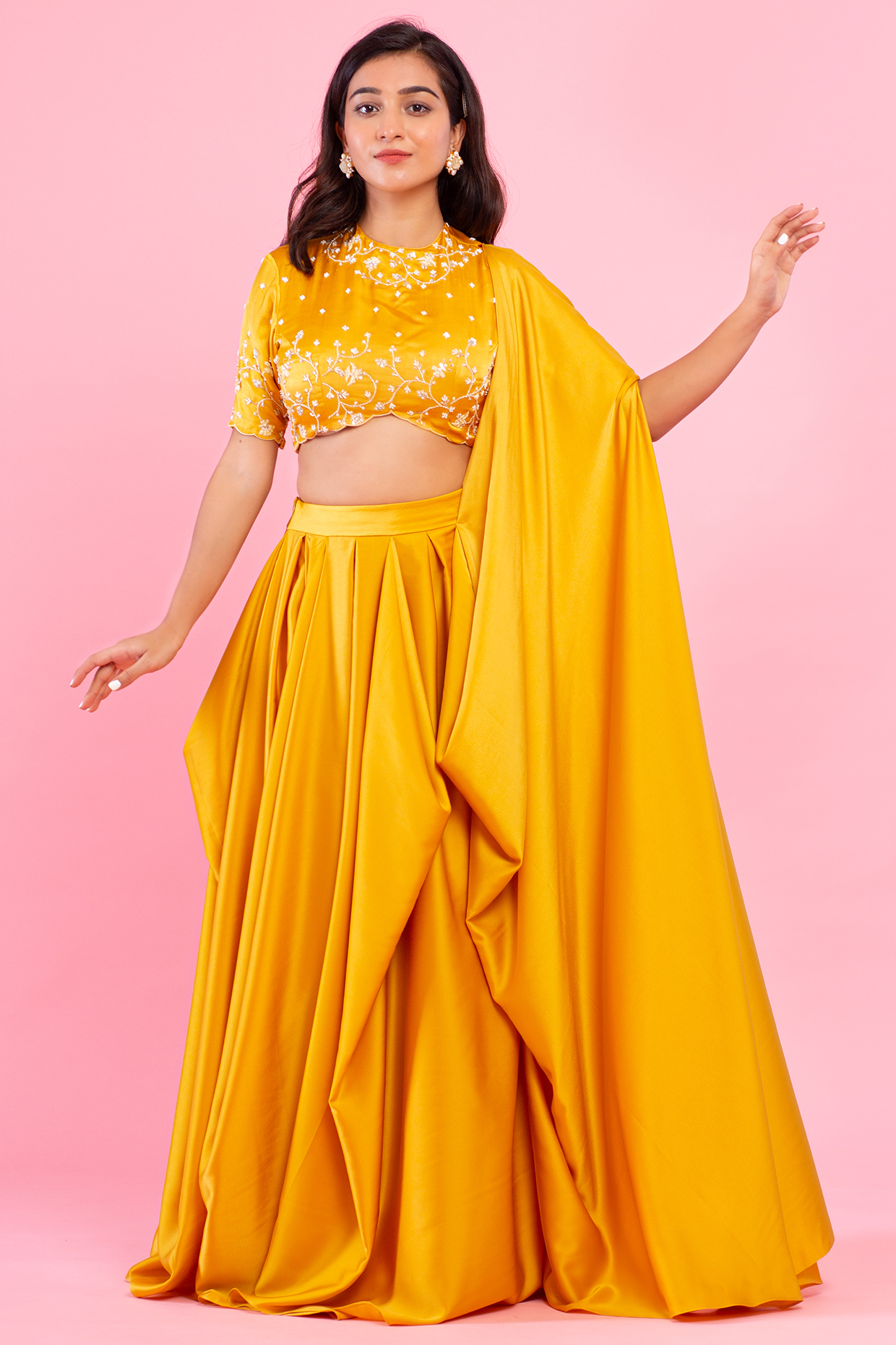 Ochre Milano Satin Pre-Draped Cowl Wedding Saree Set by Piri India at Pernia's Pop Up Shop