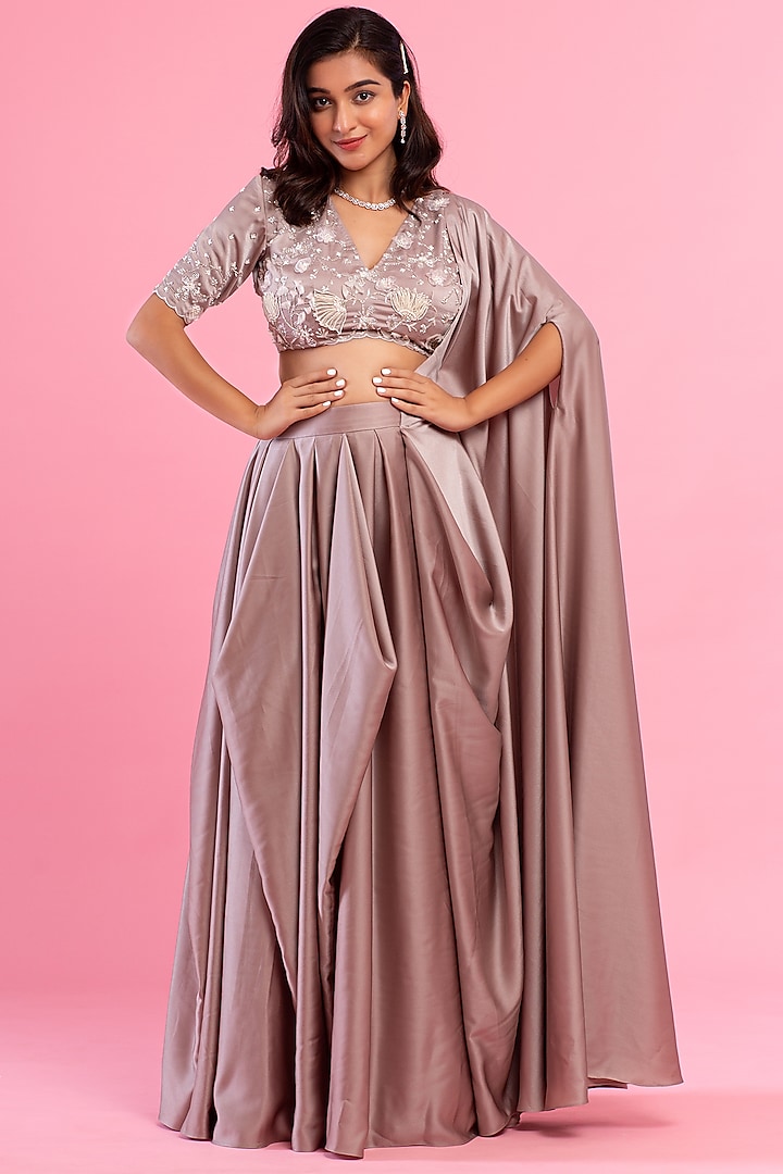 Mauve Milano Satin Pre-Draped Cowl Wedding Saree Set by Piri India at Pernia's Pop Up Shop