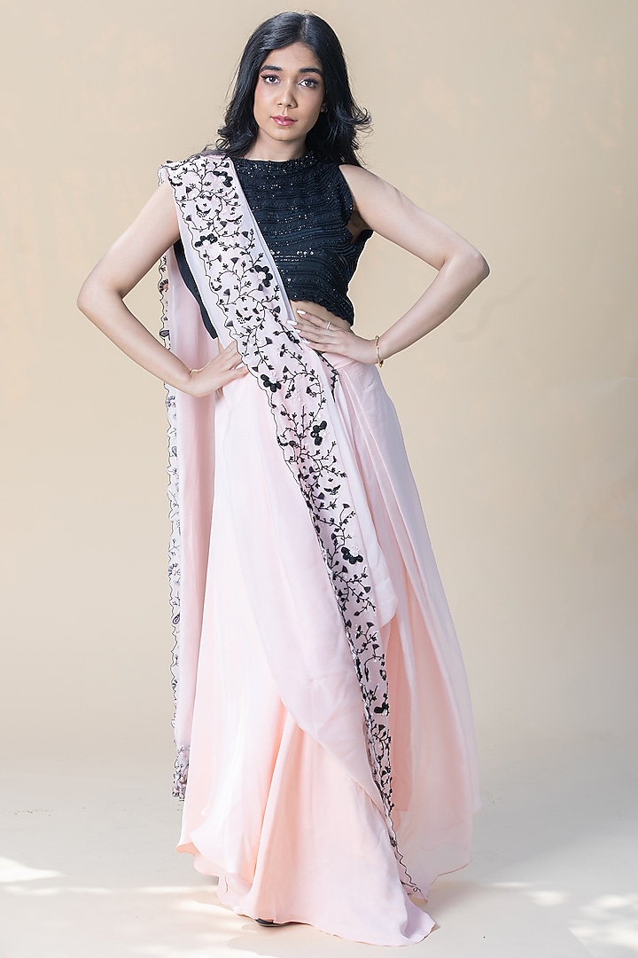 Pastel Pink Embroidered Saree Set by Piri India