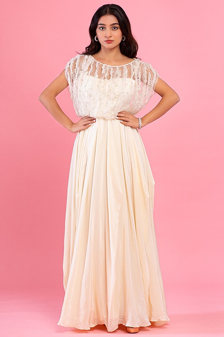 Ivory Embroidered Cowl Gown by Piri India