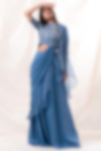 Off-Blue Georgette Skirt Set by Piri India