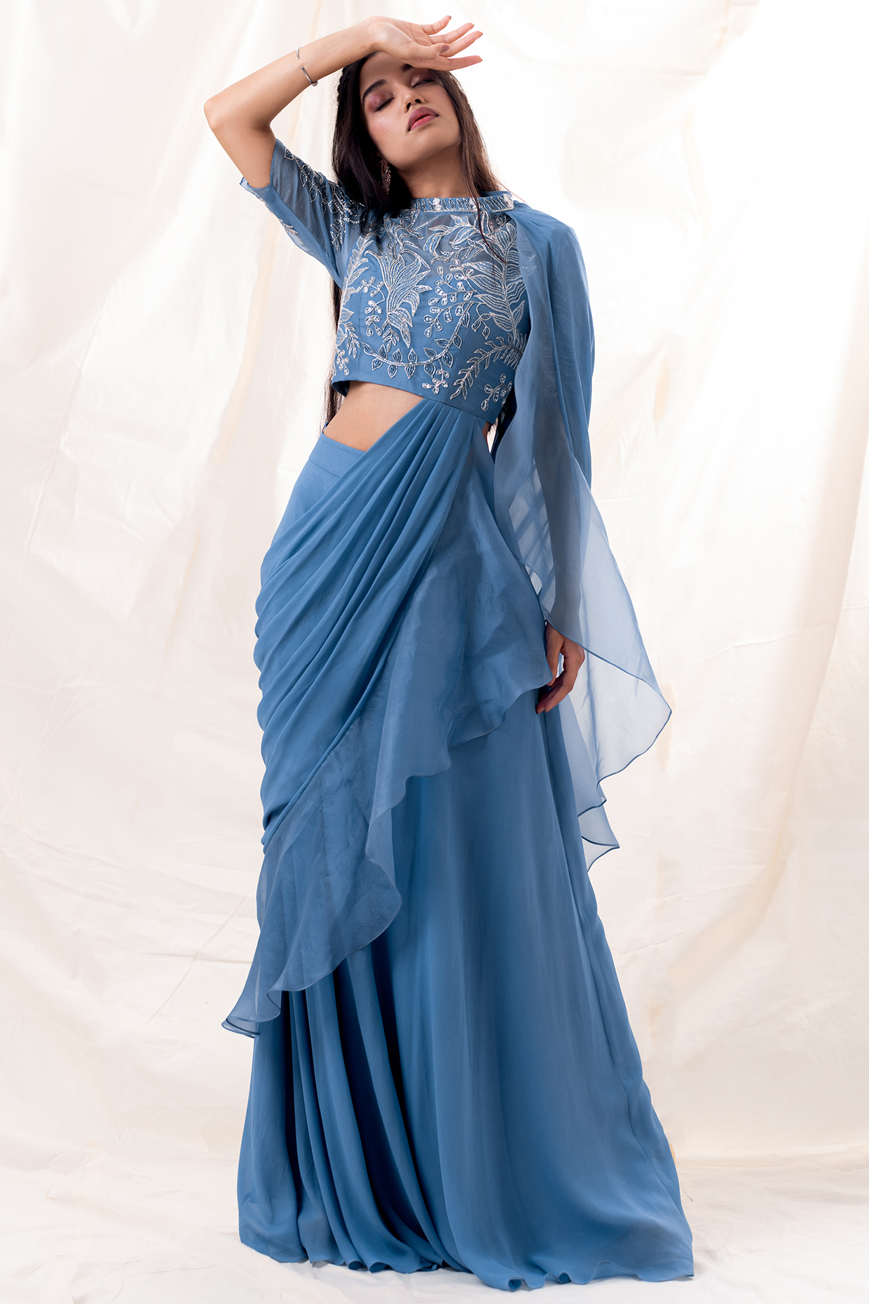 Off-Blue Georgette Skirt Set by Piri India