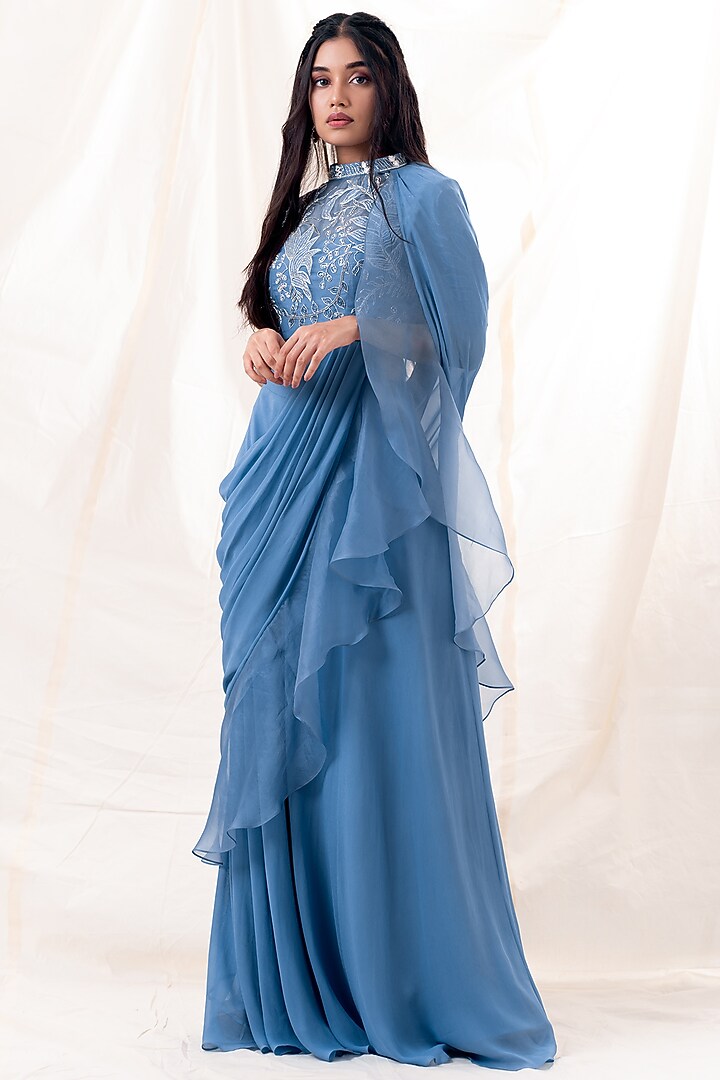 Off-Blue Georgette Skirt Set by Piri India at Pernia's Pop Up Shop