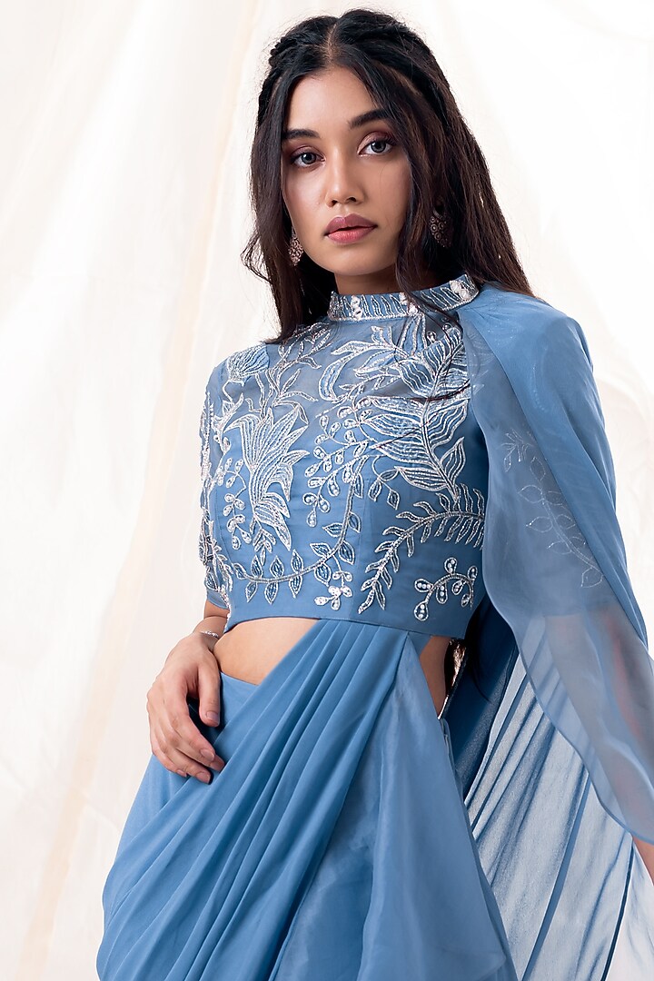 Off-Blue Georgette Skirt Set by Piri India at Pernia's Pop Up Shop