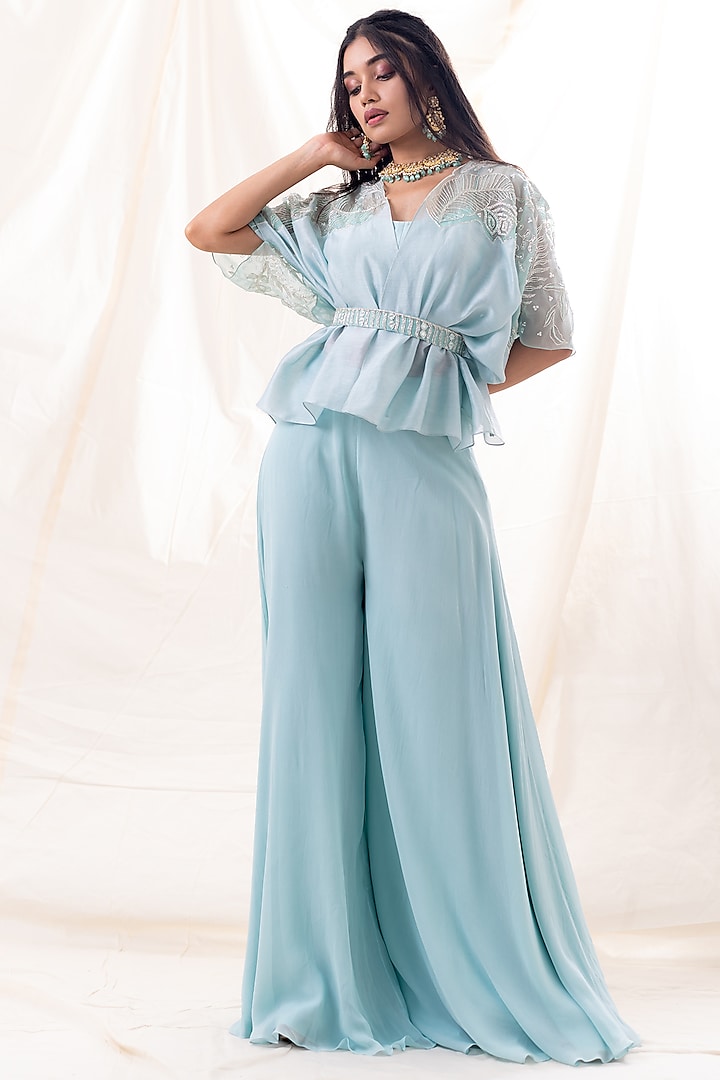 Ice Blue Georgette Palazzo Pant Set by Piri India