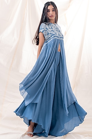 Off-Blue Embroidered Asymmetrical Kurta Set by Piri India