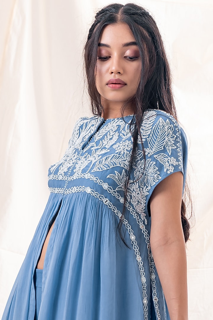 Off-Blue Embroidered Asymmetrical Kurta Set by Piri India at Pernia's Pop Up Shop