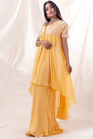 Sunflower Yellow Mirror Embroidered Cape Jacket Set by Piri India