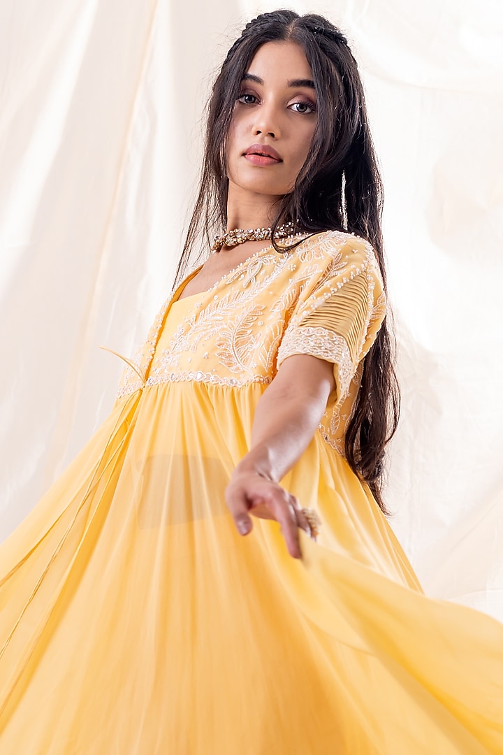 Sunflower Yellow Mirror Embroidered Cape Jacket Set by Piri India at Pernia's Pop Up Shop