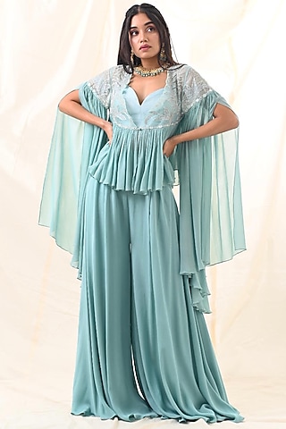 Pastel Turquoise Pearl Embroidered Jacket Set by Piri India