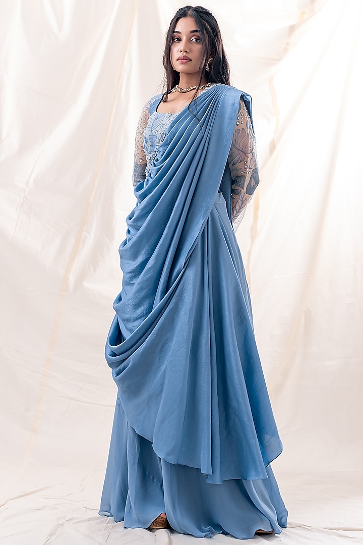 Ocean Blue Dupion Pre Draped Wedding Saree Set by Piri India at Pernia's Pop Up Shop
