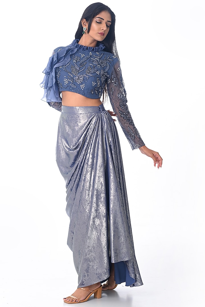 Indigo Shimmer Crepe Skirt Set by Piri India at Pernia's Pop Up Shop