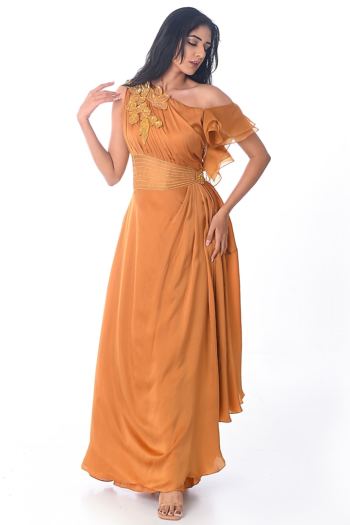 Ochre Satin & Organza Gown by Piri India at Pernia's Pop Up Shop