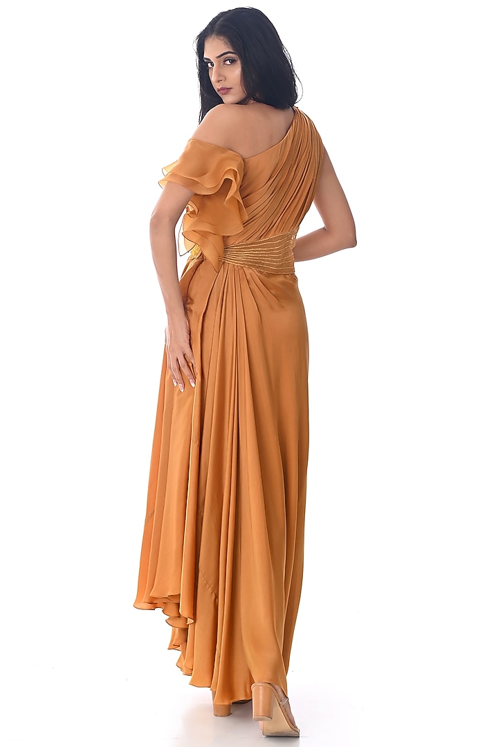 Ochre Satin & Organza Gown by Piri India at Pernia's Pop Up Shop