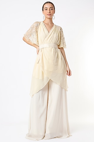 Pastel Yellow Georgette Palazzo Pant Set by Piri India
