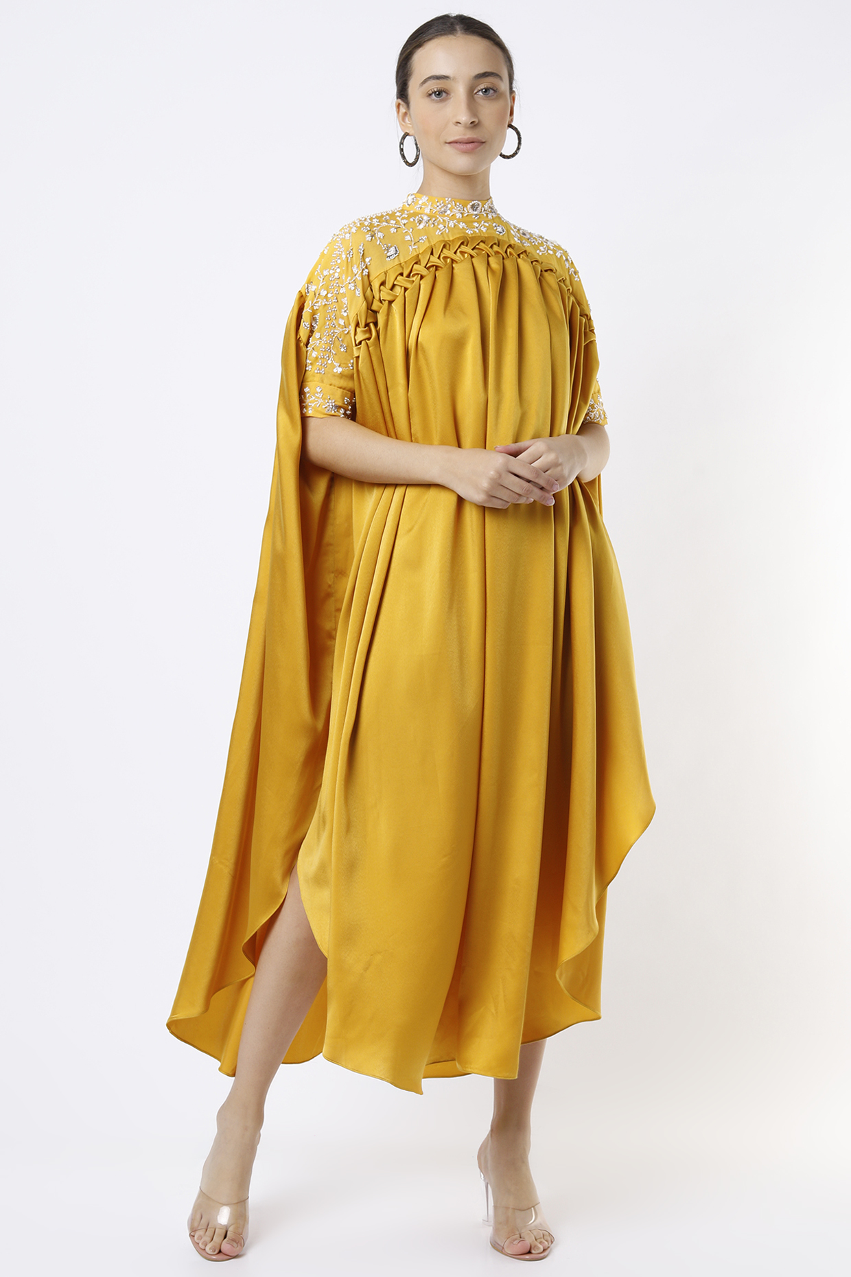 Mustard Embroidered Vacation Dress by Piri India at Pernia's Pop Up Shop