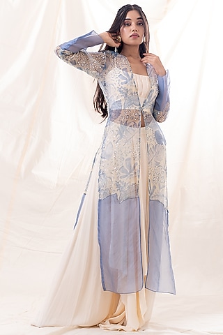 Honey Beige Pant Set With Embroidered Jacket by Piri India
