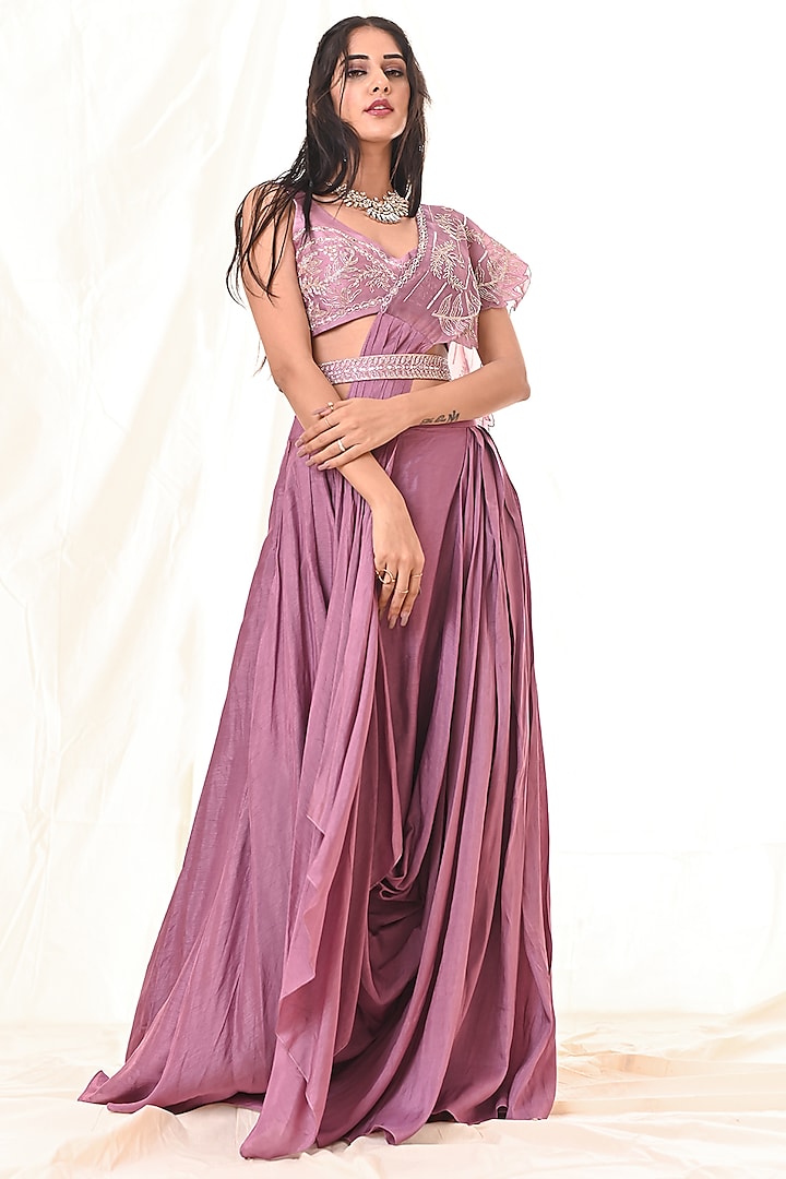 Blush Pink Pre Draped Embroidered Saree by Piri India