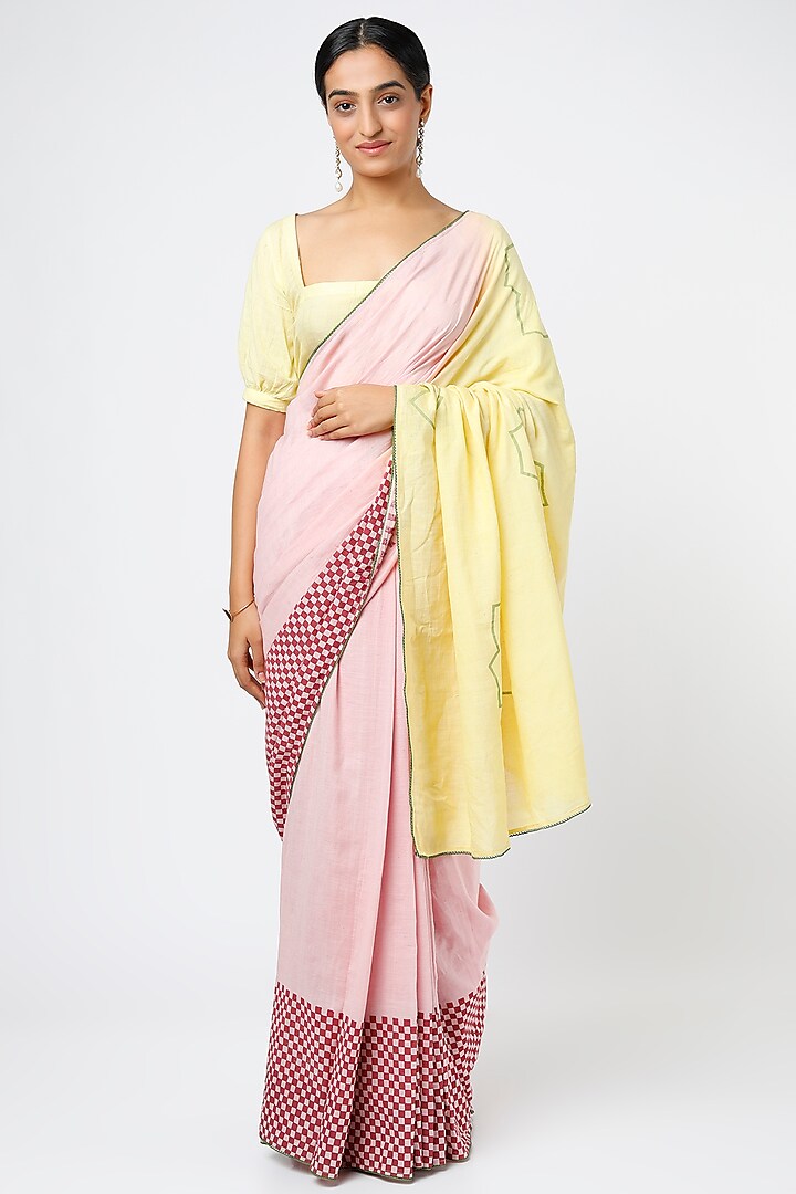 Blush Pink Hand Block Printed Saree Set by Parijat