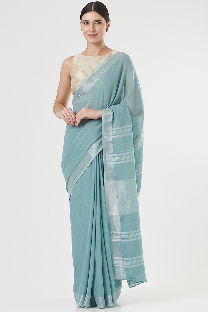 Blue Handwoven Linen Saree by Parijat