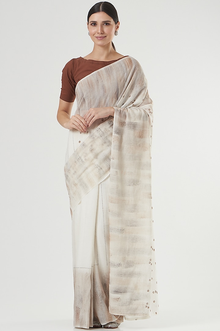 White Block Printed Saree by Parijat