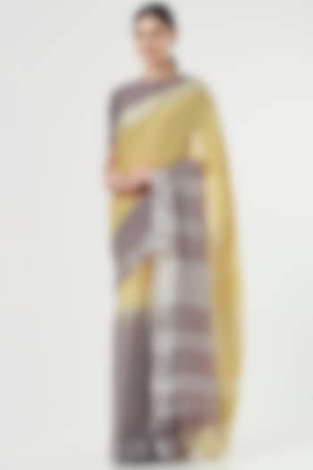 Yellow & Grey Handwoven Linen Saree by Parijat