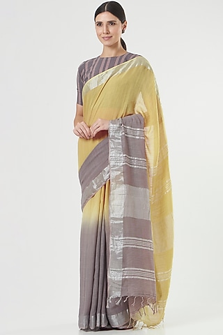 Yellow & Grey Handwoven Linen Saree by Parijat