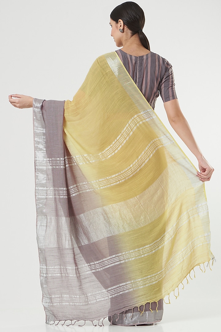 Yellow & Grey Handwoven Linen Saree by Parijat at Pernia's Pop Up Shop