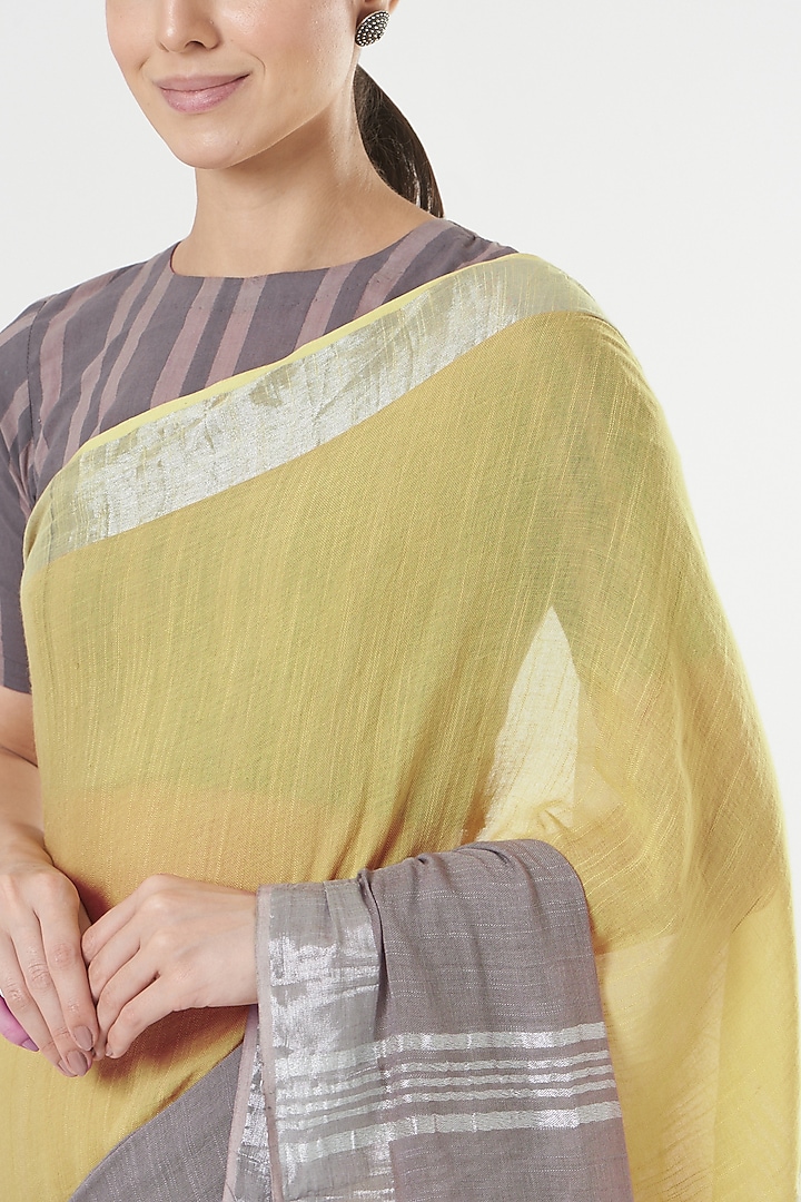Yellow & Grey Handwoven Linen Saree by Parijat at Pernia's Pop Up Shop