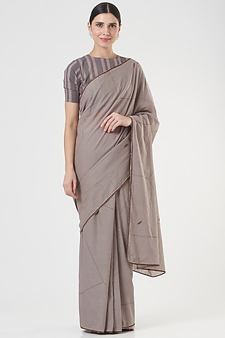 Grey Block Printed Saree by Parijat