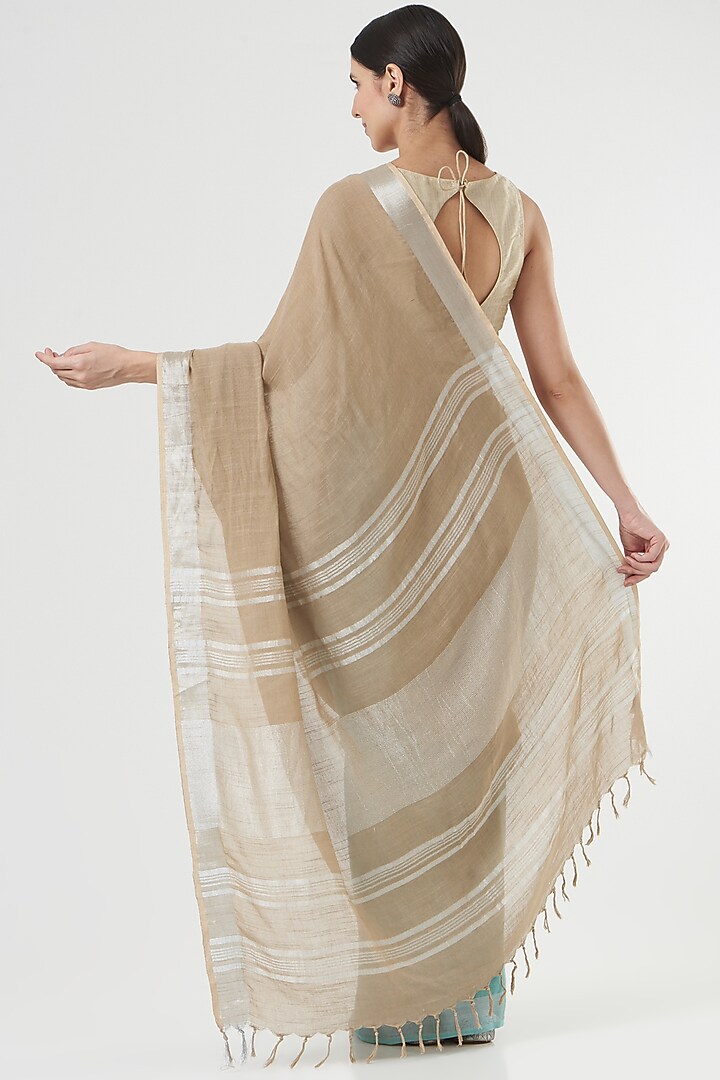 Beige & Blue Handwoven Linen Saree by Parijat at Pernia's Pop Up Shop