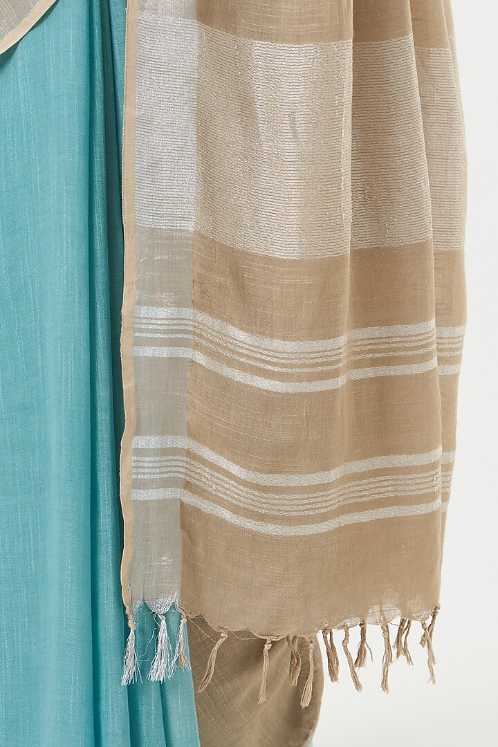 Beige & Blue Handwoven Linen Saree by Parijat at Pernia's Pop Up Shop