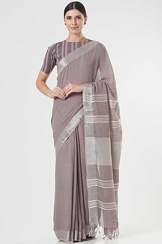 Grey Handwoven Linen Saree by Parijat