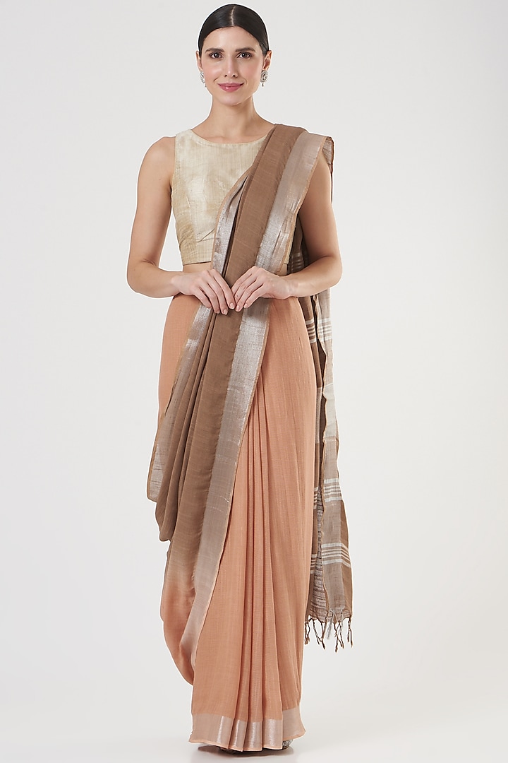 Peach & Brown Handwoven Linen Saree by Parijat